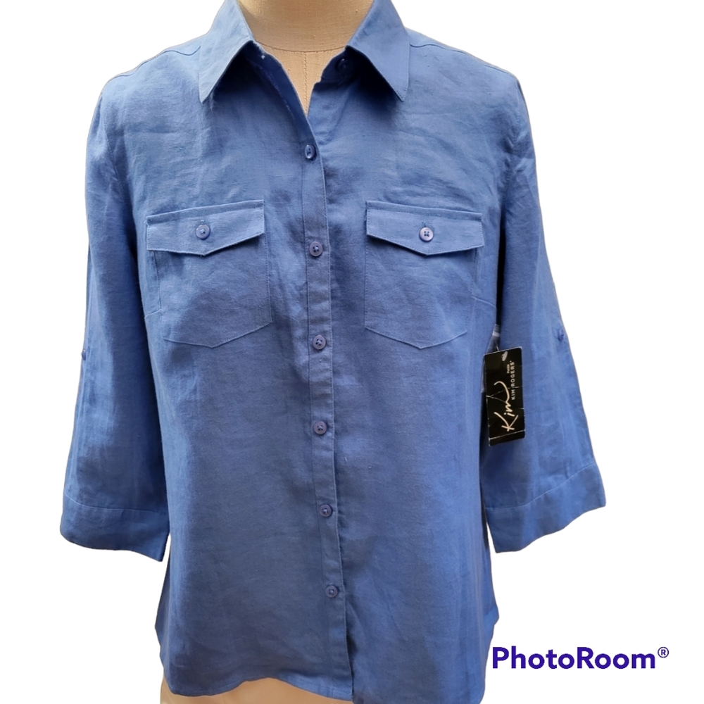 100% linen Kim Rogers Blue Button-Down Shirt with Chest Pockets